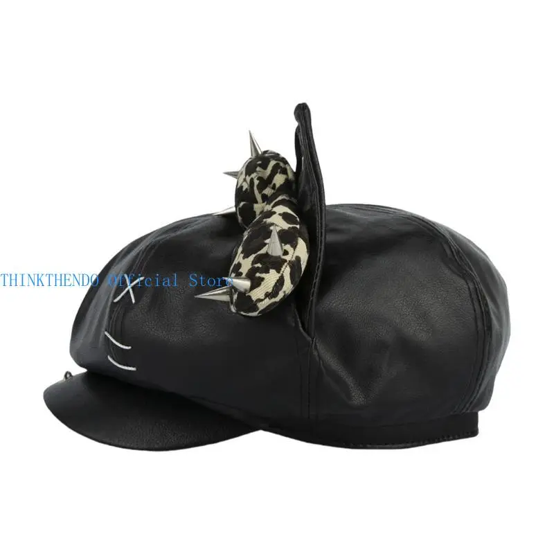 652F Rivet Studded Hat for Lady Girl Fashion 2000s Octagonal Hat Driver Hat Girl Skull Caps All Matching Rocker Hat