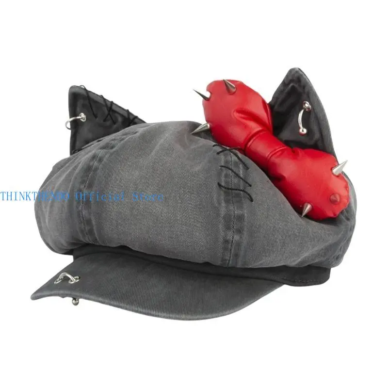 652F Rivet Studded Hat for Lady Girl Fashion 2000s Octagonal Hat Driver Hat Girl Skull Caps All Matching Rocker Hat