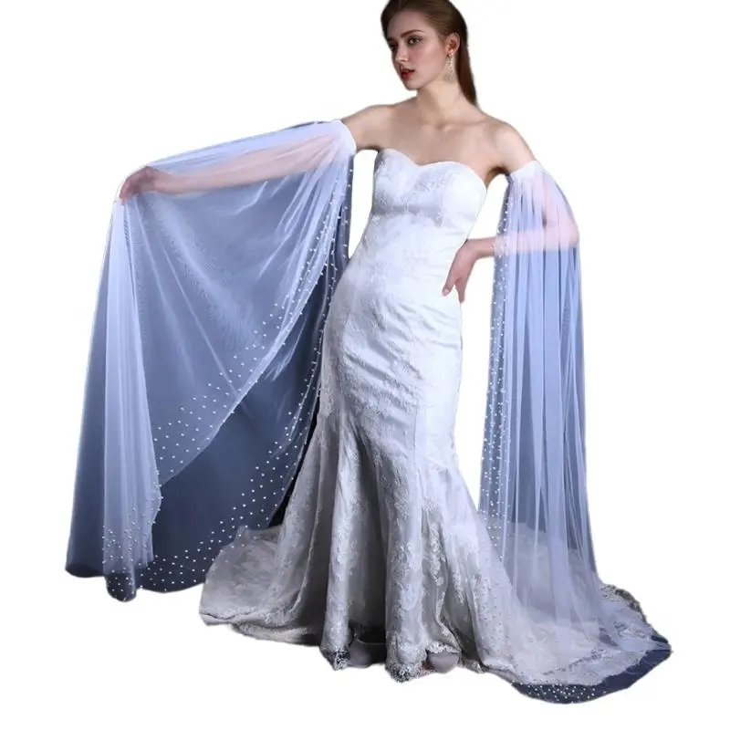 652F Elegant Bridal Arm Sleeves with Artificial Pearl Wedding Dress Veil Arm Sleeves Gown Long Oversleeve Party Prom Armwear