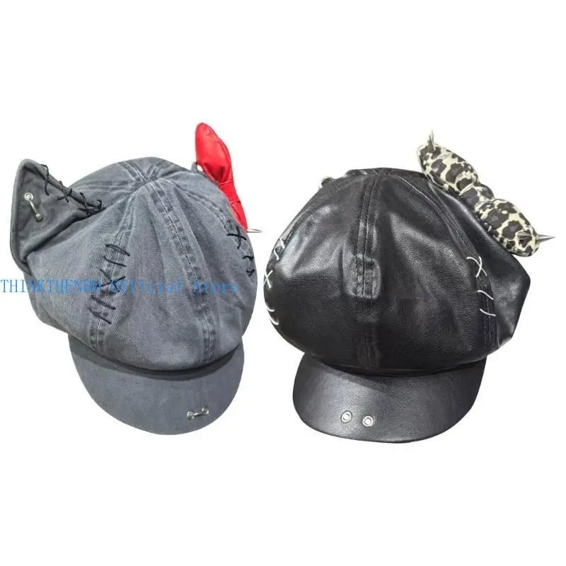 652F Rivet Studded Hat for Lady Girl Fashion 2000s Octagonal Hat Driver Hat Girl Skull Caps All Matching Rocker Hat