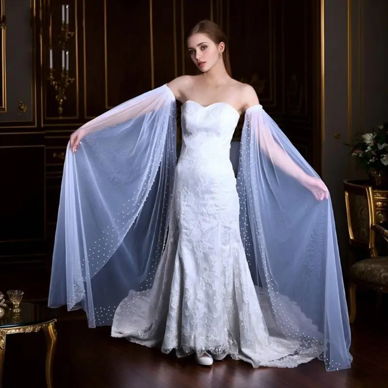 652F Elegant Bridal Arm Sleeves with Artificial Pearl Wedding Dress Veil Arm Sleeves Gown Long Oversleeve Party Prom Armwear