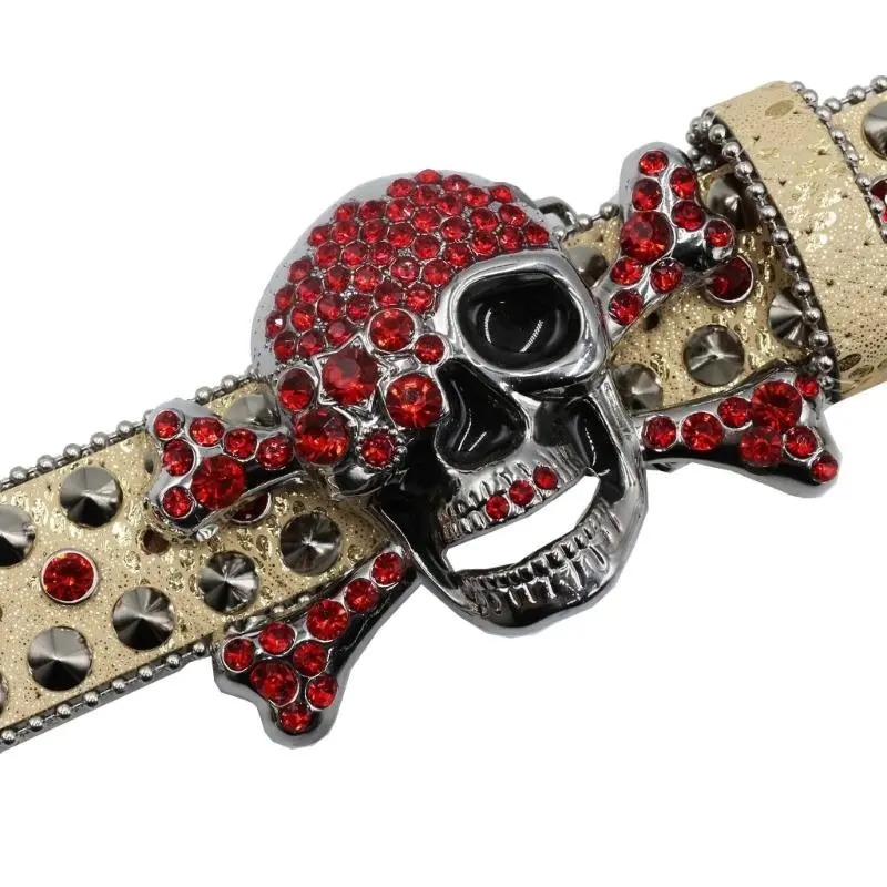 652F Punk Skull Buckle Belt for Adult Teens Rhinestones Rivet Studded Belt Halloween Party Music Festival Belt Eye Catching