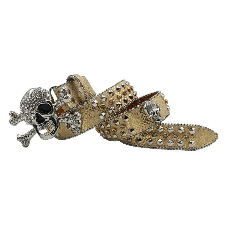 652F Punk Skull Buckle Belt for Adult Teens Rhinestones Rivet Studded Belt Halloween Party Music Festival Belt Eye Catching