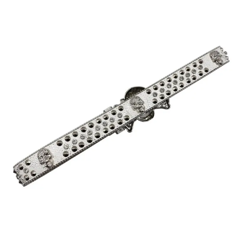 652F Punk Skull Buckle Belt for Adult Teens Rhinestones Rivet Studded Belt Halloween Party Music Festival Belt Eye Catching
