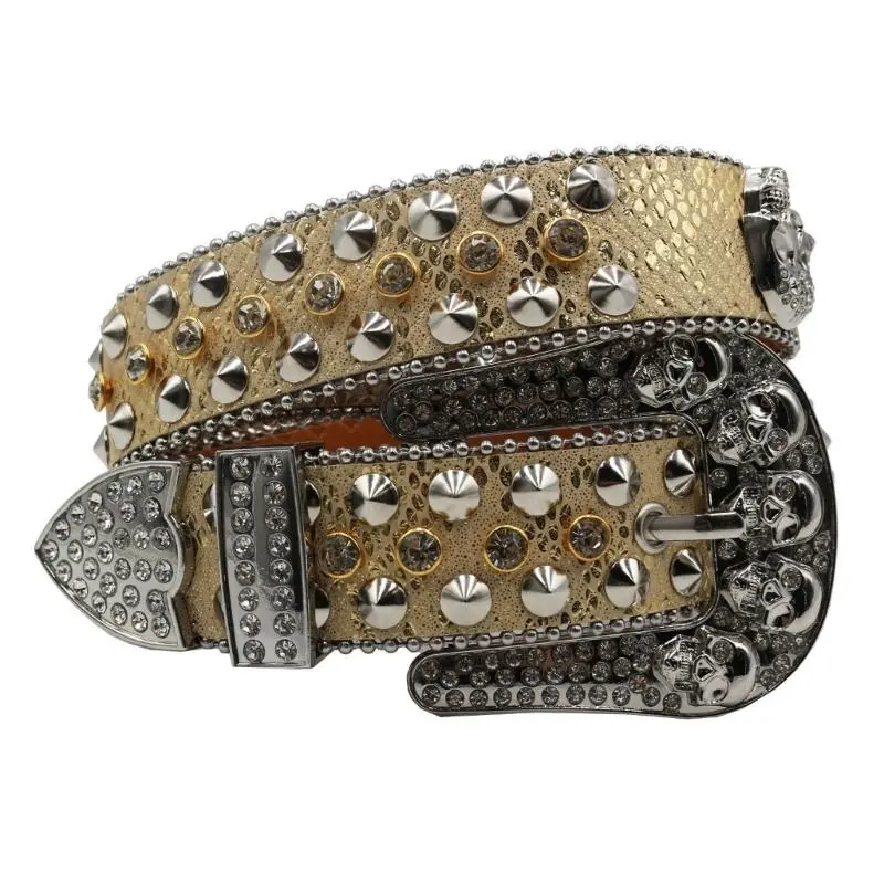 652F Elegant Waist Belt Studded Rhinestones Grommet for Street Dance Rivets Belt Livehouse Punk Waist Chain Skull Buckle