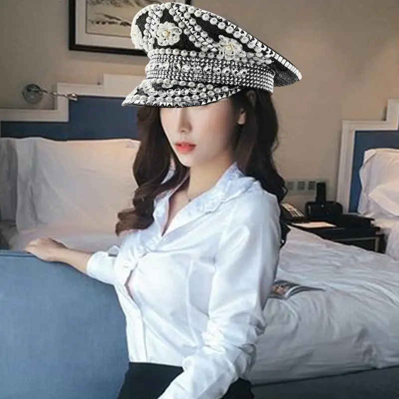 652F Sparkling Captain Hat Heavy Crystal Rivets Hat for Bachelorette Party Captain Hat Bride Hat for Actor Actress