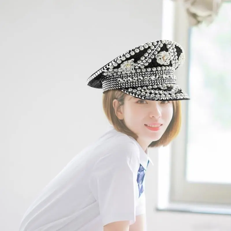 652F Sparkling Captain Hat Heavy Crystal Rivets Hat for Bachelorette Party Captain Hat Bride Hat for Actor Actress