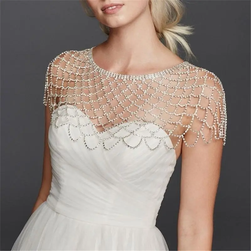 652F Luxurious Rhinestoned Fringed Shoulder Wrap for Fashion Forward Women Special Event Bridal Shawl Elegant Cover Up