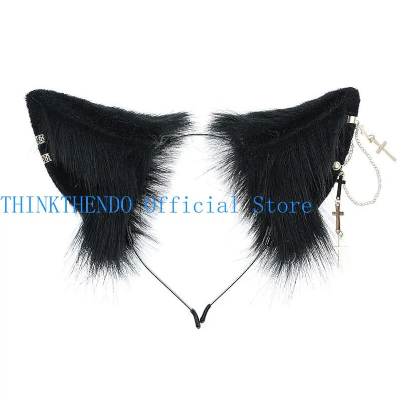 652F Fashion for  Ears Headband with Earrings Hanging Chain Flexible Hair Accessory Anime Fancy Dress Party Sweet Ornament