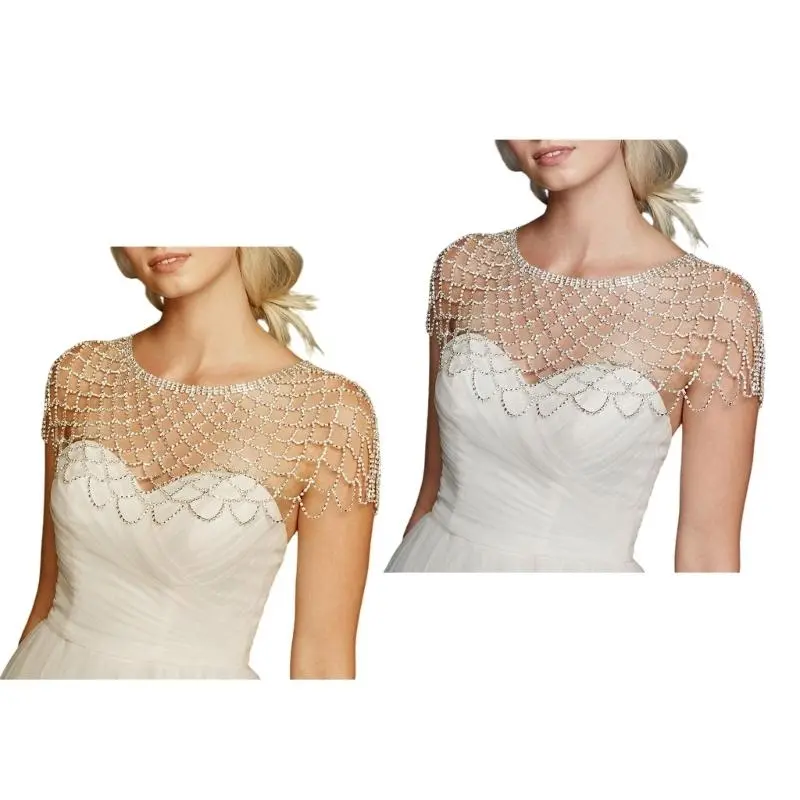 652F Luxurious Rhinestoned Fringed Shoulder Wrap for Fashion Forward Women Special Event Bridal Shawl Elegant Cover Up