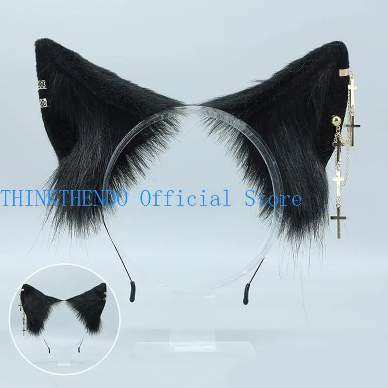 652F Fashion for  Ears Headband with Earrings Hanging Chain Flexible Hair Accessory Anime Fancy Dress Party Sweet Ornament