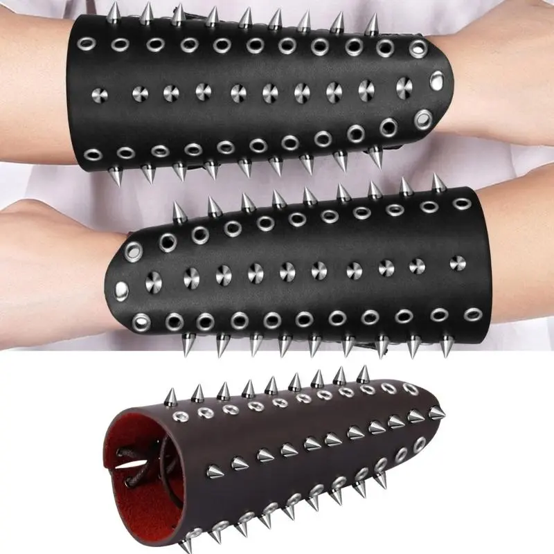 652F Exaggerate Rivet Wrist Guard Men Cosplay Vintage Knight Wristbands Adjustable Metal Hole Gauntlets Gothic Wrist Armors