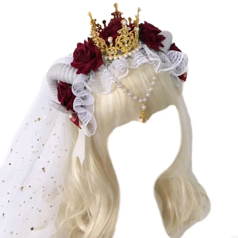 652F Gothic Sheep Horn Headband Rose Flowers  Lace Decor Forests Animal Photo Props Devil Cosplay Costumes Hair Hoop