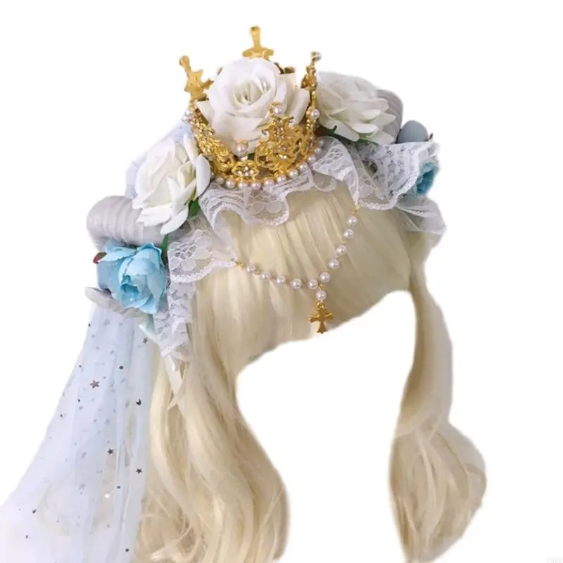 652F Gothic Sheep Horn Headband Rose Flowers  Lace Decor Forests Animal Photo Props Devil Cosplay Costumes Hair Hoop