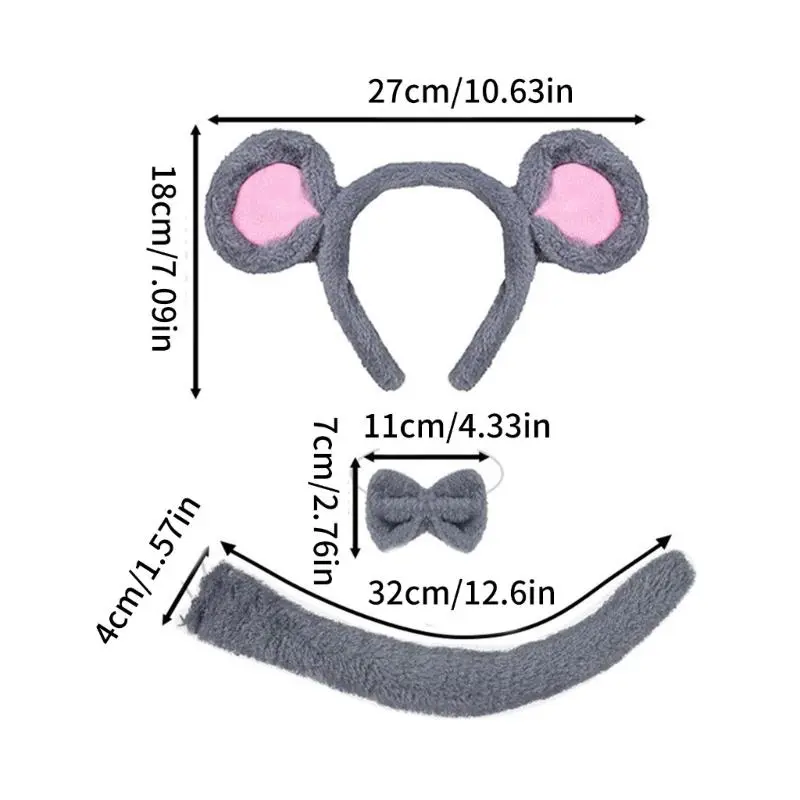 39BB Halloween Mouse Costume Accessories Mouse Ears Headband Tail Animal Dress Up Set