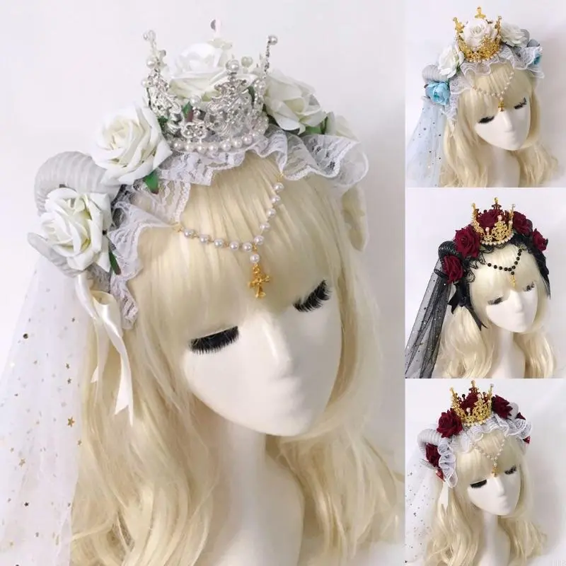 652F Gothic Sheep Horn Headband Rose Flowers  Lace Decor Forests Animal Photo Props Devil Cosplay Costumes Hair Hoop