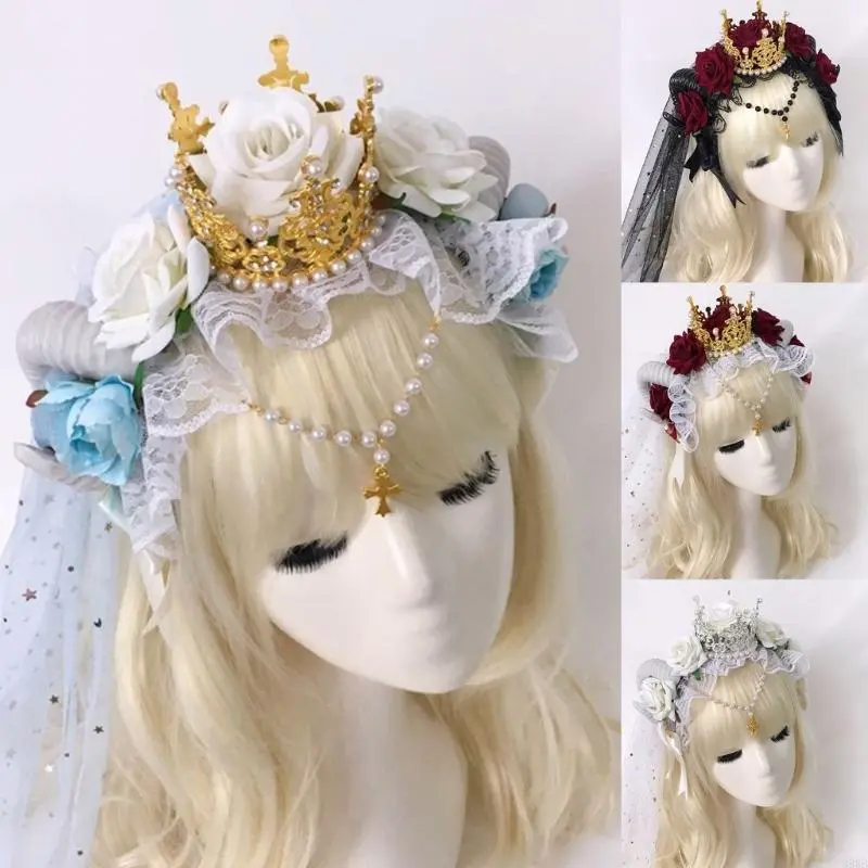652F Gothic Sheep Horn Headband Rose Flowers  Lace Decor Forests Animal Photo Props Devil Cosplay Costumes Hair Hoop