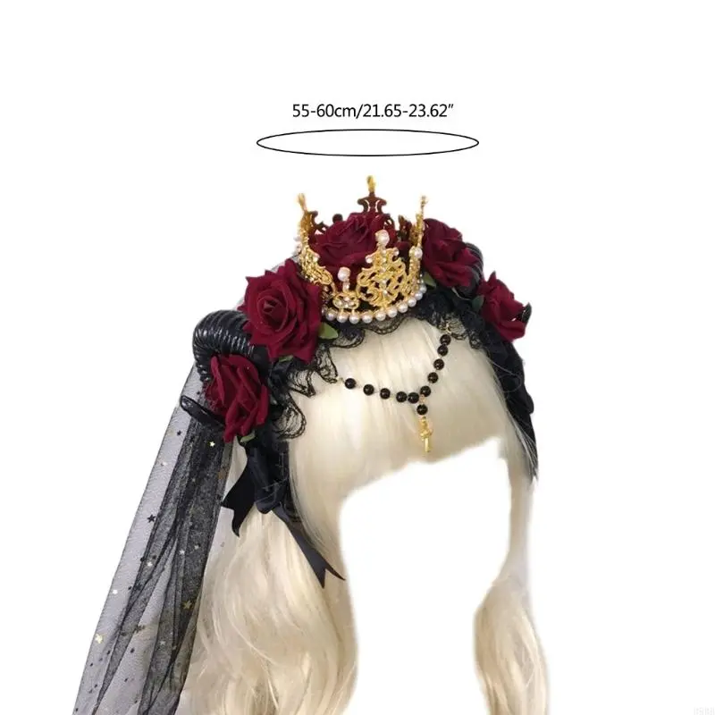 652F Gothic Sheep Horn Headband Rose Flowers  Lace Decor Forests Animal Photo Props Devil Cosplay Costumes Hair Hoop