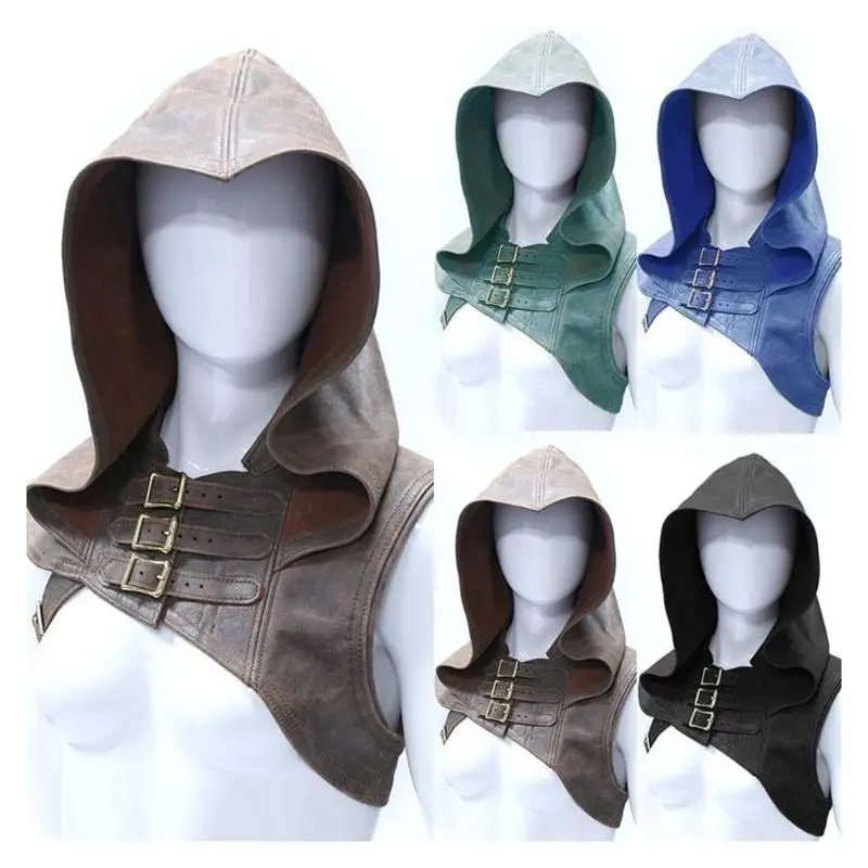 39BB Vintage Hooded Cowl Hat with Adjustable Buckle Strap Medieval Cloak Cape Faux Leather Gothic Cosplay Costume Accessory