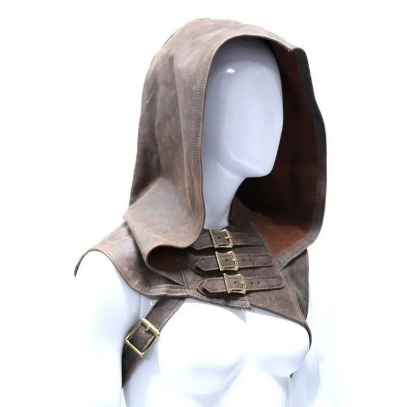 39BB Vintage Hooded Cowl Hat with Adjustable Buckle Strap Medieval Cloak Cape Faux Leather Gothic Cosplay Costume Accessory