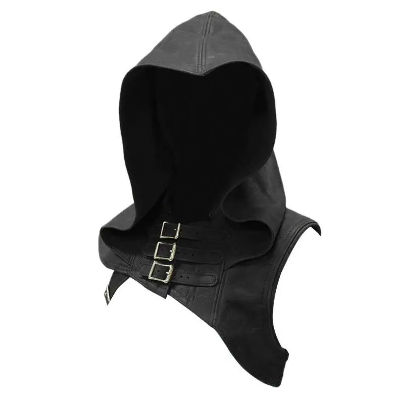 39BB Vintage Hooded Cowl Hat with Adjustable Buckle Strap Medieval Cloak Cape Faux Leather Gothic Cosplay Costume Accessory