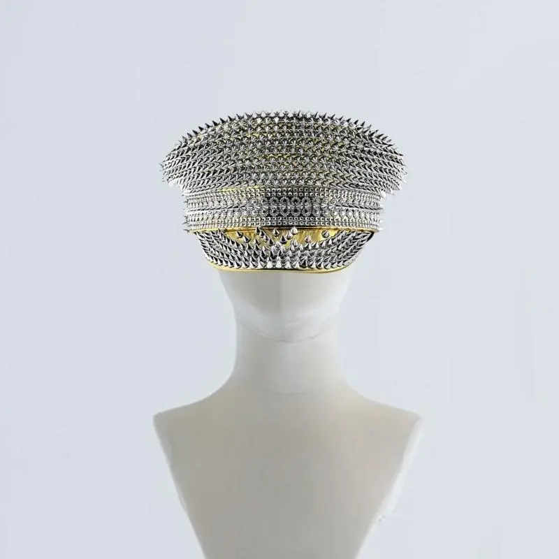 652F Trendy Rivet Embellished Hat Leather Sailors Hat Street Styles Navies Hat for Parties and Casual Outings