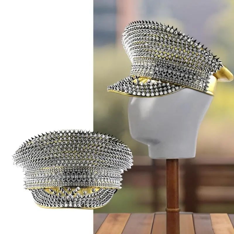 652F Trendy Rivet Embellished Hat Leather Sailors Hat Street Styles Navies Hat for Parties and Casual Outings