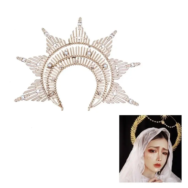 652F Sparkly Pearls Headband Angel Crown Headband Bridal Tiaras Princess Headpiece Hair Hoop Baroque Spiked Tiaras