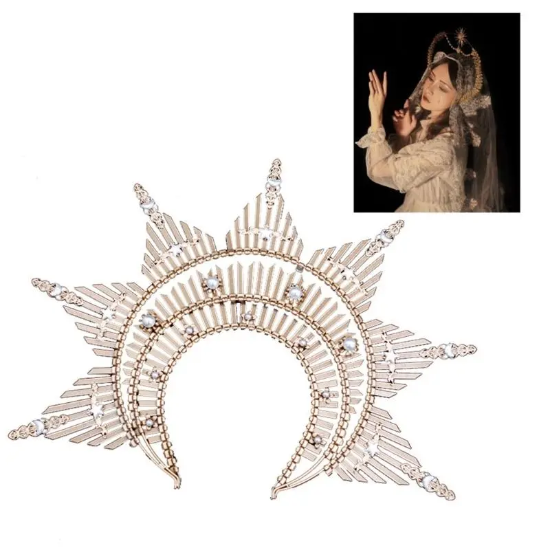 652F Sparkly Pearls Headband Angel Crown Headband Bridal Tiaras Princess Headpiece Hair Hoop Baroque Spiked Tiaras