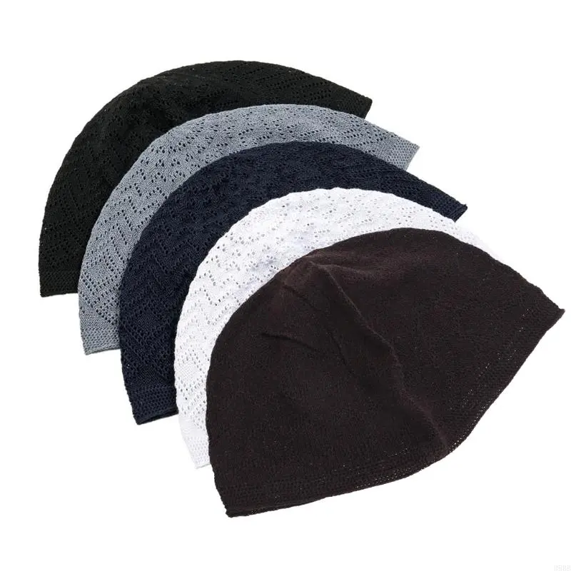 652F Hollow out Knit Kufi for Adult Teens Muslims Breathable Casual Hat Handmade Hollow out Pray Keep Traditional Pray Hat