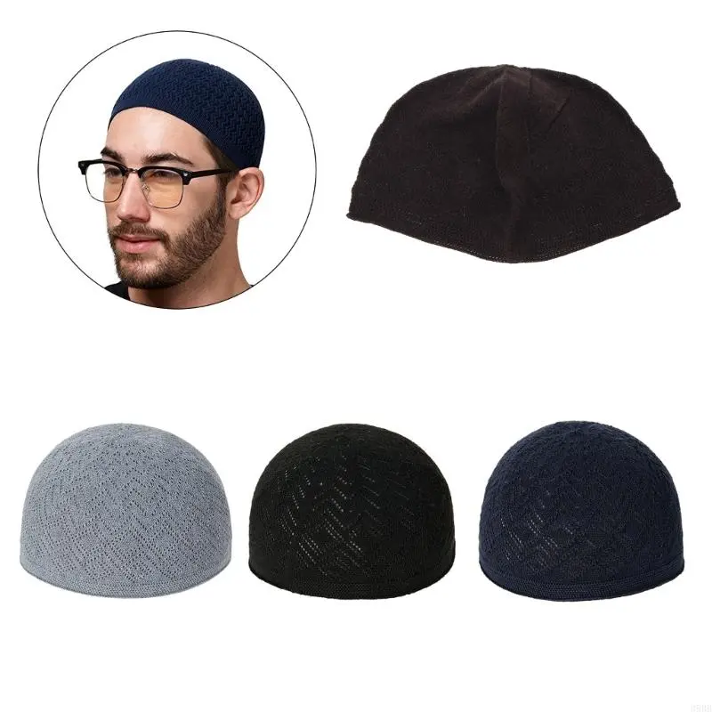 652F Hollow out Knit Kufi for Adult Teens Muslims Breathable Casual Hat Handmade Hollow out Pray Keep Traditional Pray Hat
