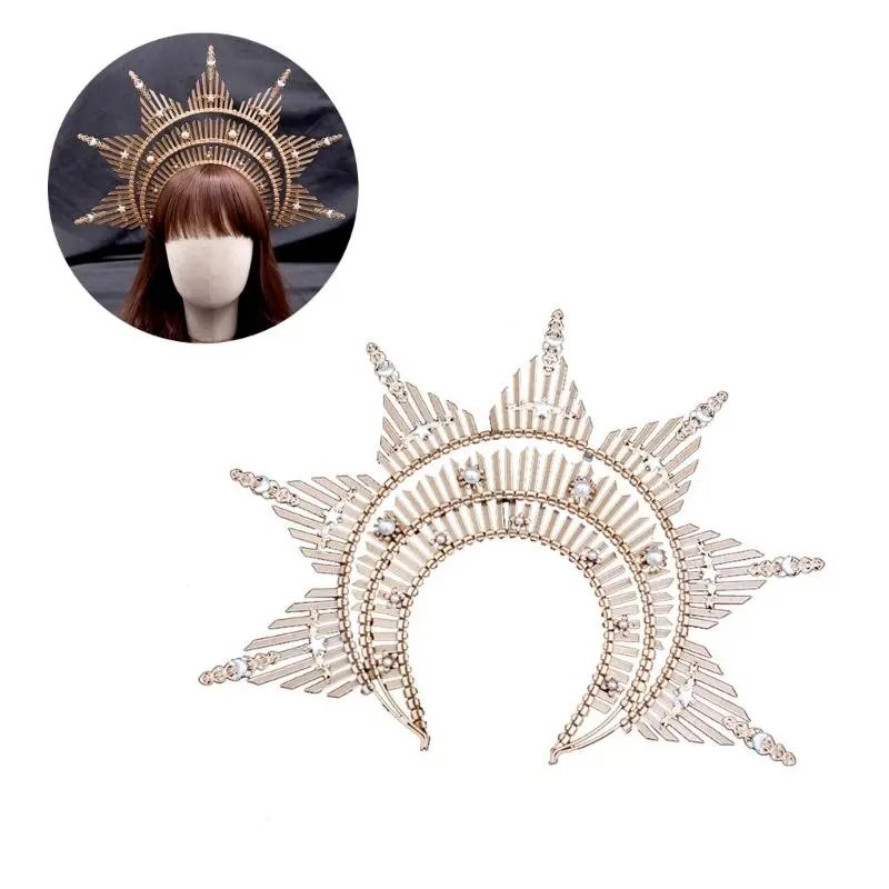 652F Sparkly Pearls Headband Angel Crown Headband Bridal Tiaras Princess Headpiece Hair Hoop Baroque Spiked Tiaras