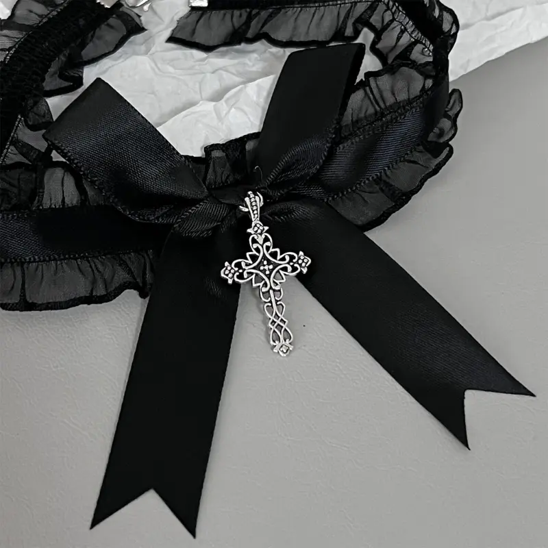 652F Lace Ruffle Necklace Ribbon Bowknot Gothic Crosses Pendant Collar Choker Neckwear for Women Girls Jewelry Accessories