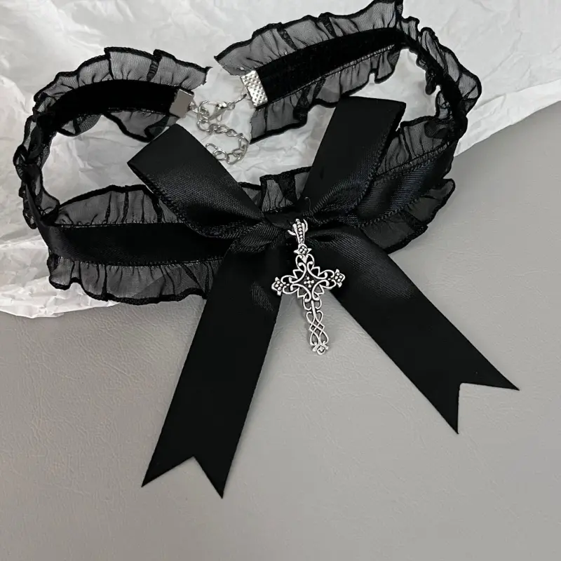 652F Lace Ruffle Necklace Ribbon Bowknot Gothic Crosses Pendant Collar Choker Neckwear for Women Girls Jewelry Accessories