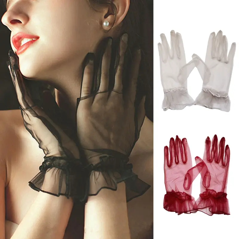 652F Delicate Stretchy Lace Gloves Full Finger Gloves Party Gloves Wrist Length Gloves Short Tulle Gloves for Wedding Party