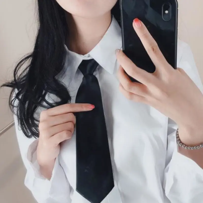 652F Retro Solid Color Silky Narrow Necktie School Uniform Zipper Pre-Tied for Arrow