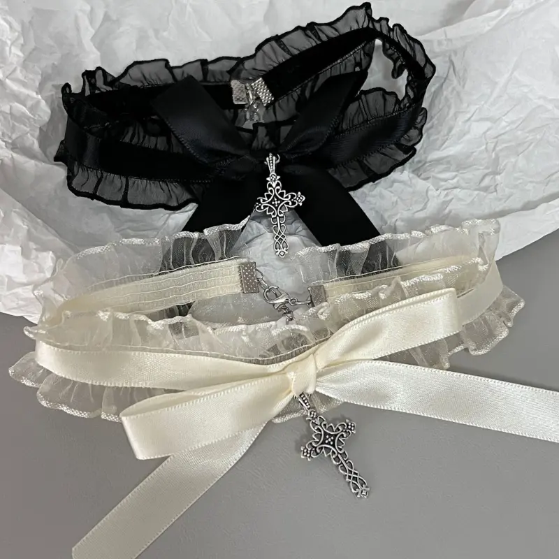 652F Lace Ruffle Necklace Ribbon Bowknot Gothic Crosses Pendant Collar Choker Neckwear for Women Girls Jewelry Accessories