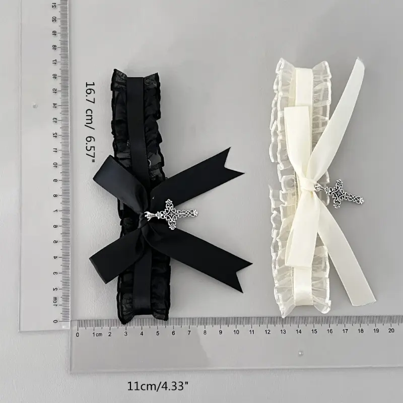 652F Lace Ruffle Necklace Ribbon Bowknot Gothic Crosses Pendant Collar Choker Neckwear for Women Girls Jewelry Accessories