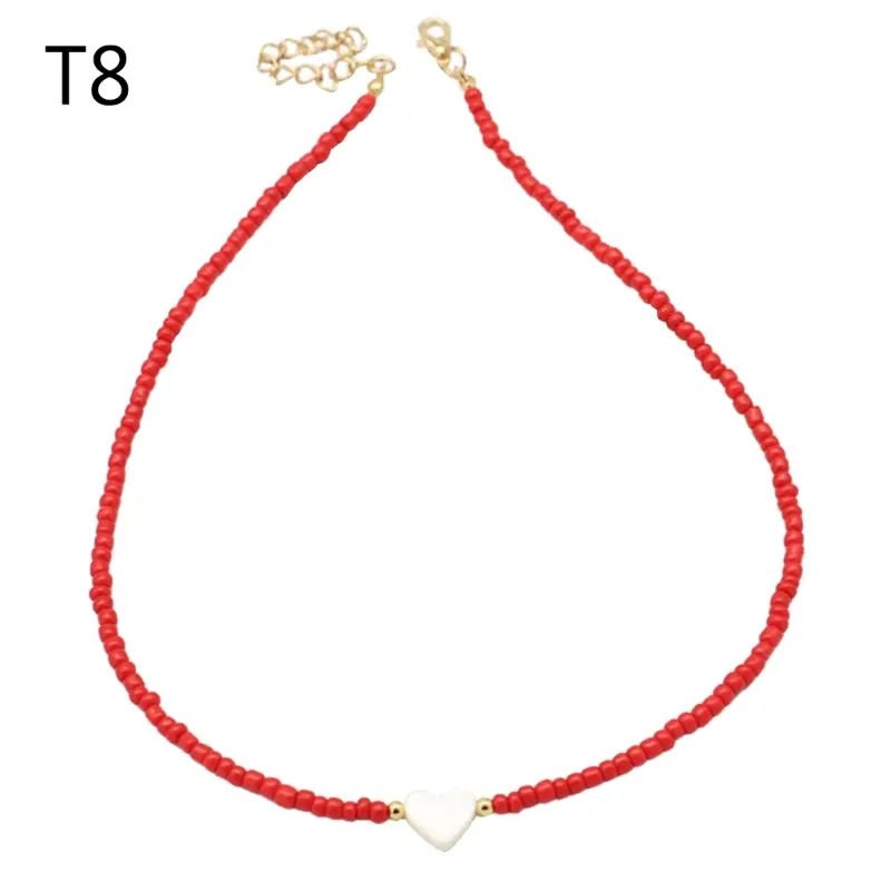 652F Colorful Beaded Necklace for Women Heart-Shell Choker Colorful Jewelry Summer Layered-Boho-Necklace Beach Clavicle Chain