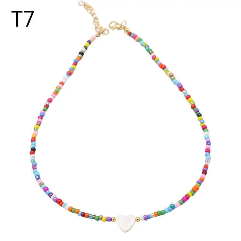 652F Colorful Beaded Necklace for Women Heart-Shell Choker Colorful Jewelry Summer Layered-Boho-Necklace Beach Clavicle Chain