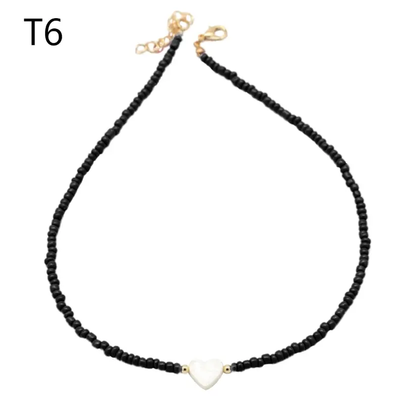 652F Colorful Beaded Necklace for Women Heart-Shell Choker Colorful Jewelry Summer Layered-Boho-Necklace Beach Clavicle Chain