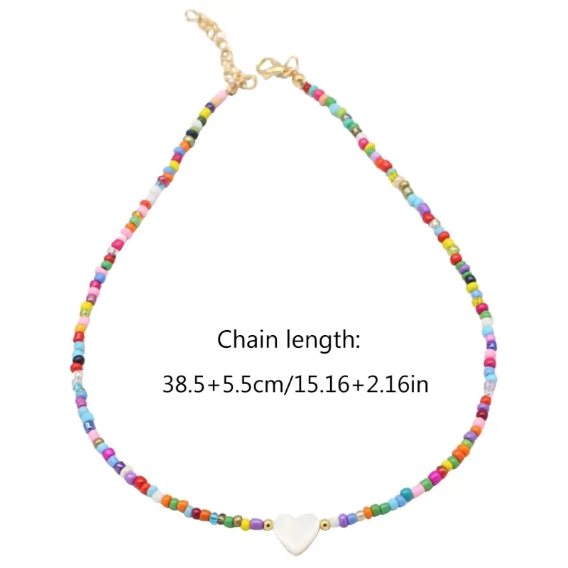 652F Colorful Beaded Necklace for Women Heart-Shell Choker Colorful Jewelry Summer Layered-Boho-Necklace Beach Clavicle Chain