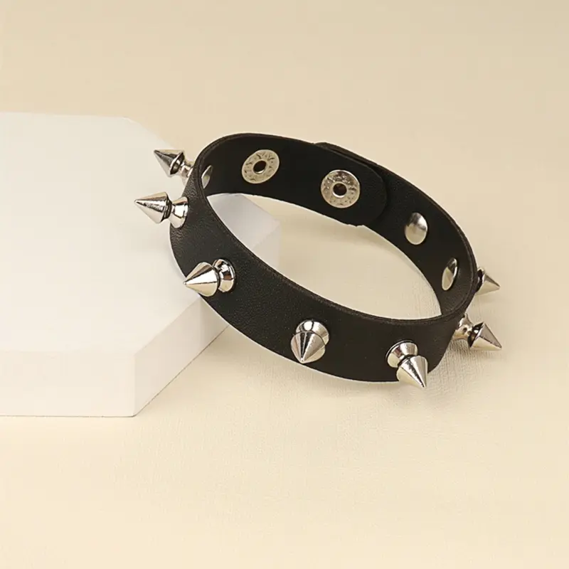 652F Spiked Studded Bracelet Black Leather Rivets Punk Bracelet Cuff Wrap Bangle Metal Snap Button Wristband for Men Women
