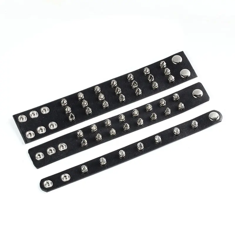 652F Spiked Studded Bracelet Black Leather Rivets Punk Bracelet Cuff Wrap Bangle Metal Snap Button Wristband for Men Women