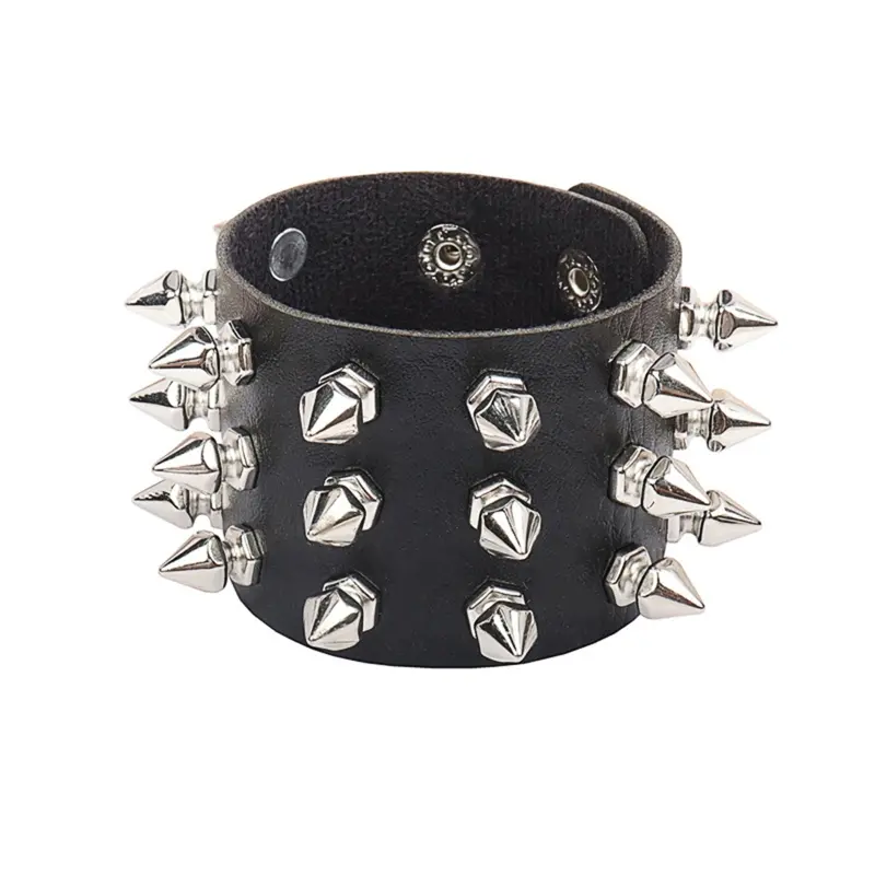 652F Spiked Studded Bracelet Black Leather Rivets Punk Bracelet Cuff Wrap Bangle Metal Snap Button Wristband for Men Women