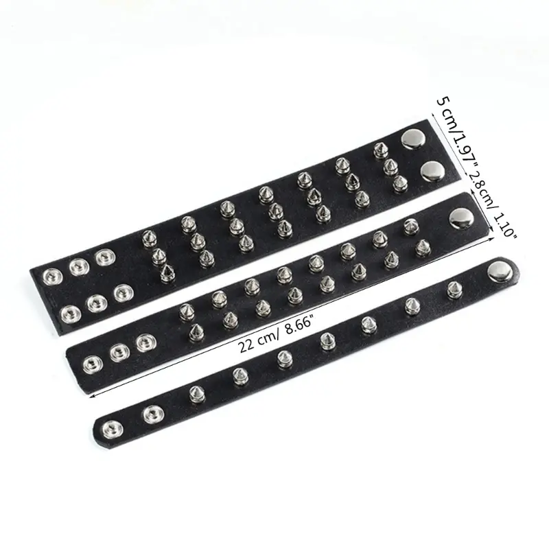 652F Spiked Studded Bracelet Black Leather Rivets Punk Bracelet Cuff Wrap Bangle Metal Snap Button Wristband for Men Women