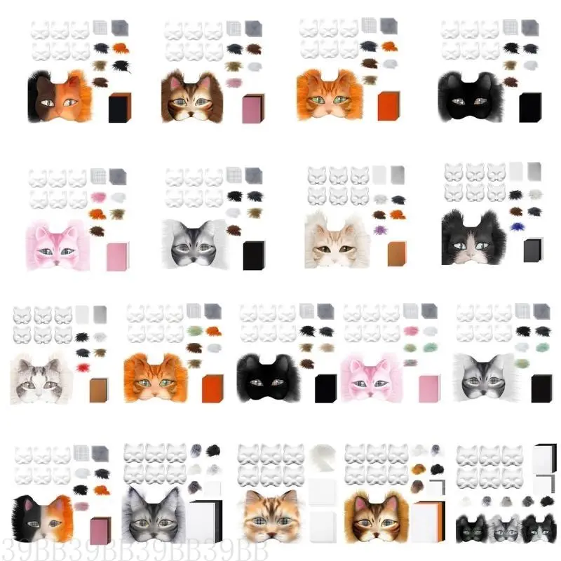 39BB DIY Therians Mask Kit Blank Foxes Cats Mask with Felts Fabric Sheet Plush Faux Furs and Eye Mesh for Therians Gear Stuff