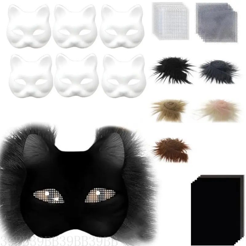 39BB DIY Therians Mask Kit Blank Foxes Cats Mask with Felts Fabric Sheet Plush Faux Furs and Eye Mesh for Therians Gear Stuff