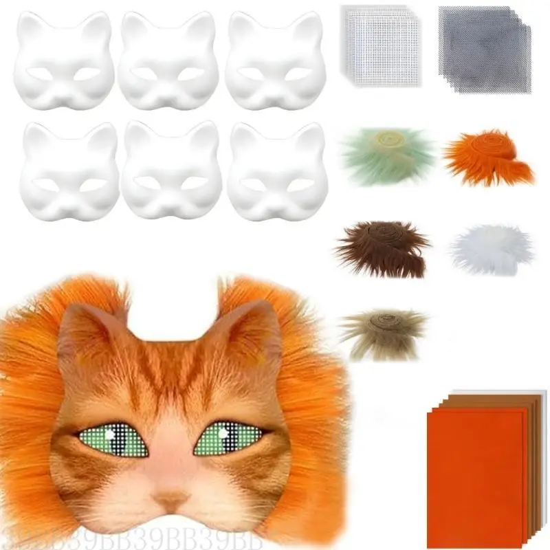 39BB DIY Therians Mask Kit Blank Foxes Cats Mask with Felts Fabric Sheet Plush Faux Furs and Eye Mesh for Therians Gear Stuff