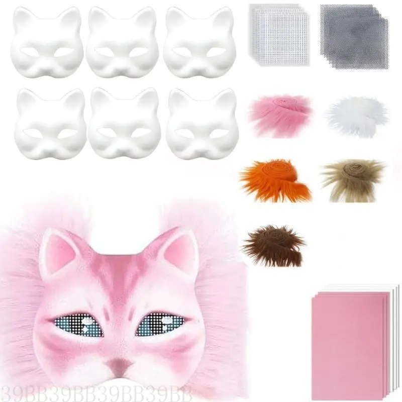 39BB DIY Therians Mask Kit Blank Foxes Cats Mask with Felts Fabric Sheet Plush Faux Furs and Eye Mesh for Therians Gear Stuff